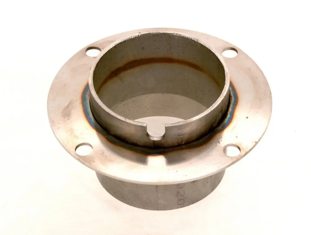 BOSCH Brennerunterteil aus Metall mit runder Öffnung und Flanschen zur Befestigung. Sichtbare Schweißnähte und eine saubere, glatte Oberfläche.